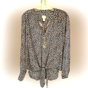 Chicos Animal Print Top With Sequin V Neck& Tie Front,Long sleeves Size 1(Med)